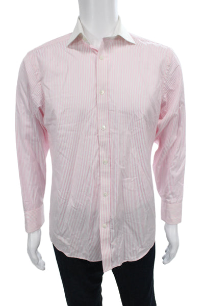 Ted Baker London Mens Pink Striped Cotton Collared Dress Shirt Size 15.5