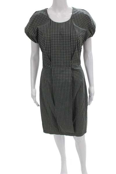 H Fredriksson Women Sheath Gray Gingham Dress Short Sleeve Scoop Neck Size S