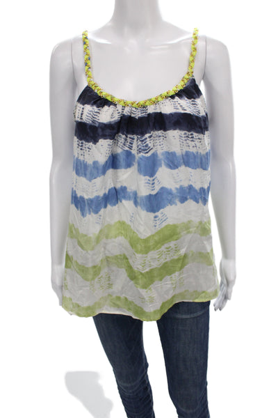 Christophe Sauvat Women Camisole Blue Silk Striped Scoop Neck Boho Size M