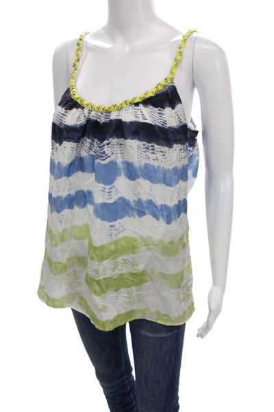 Christophe Sauvat Women Camisole Blue Silk Striped Scoop Neck Boho Size M