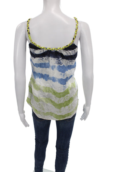 Christophe Sauvat Women Camisole Blue Silk Striped Scoop Neck Boho Size M