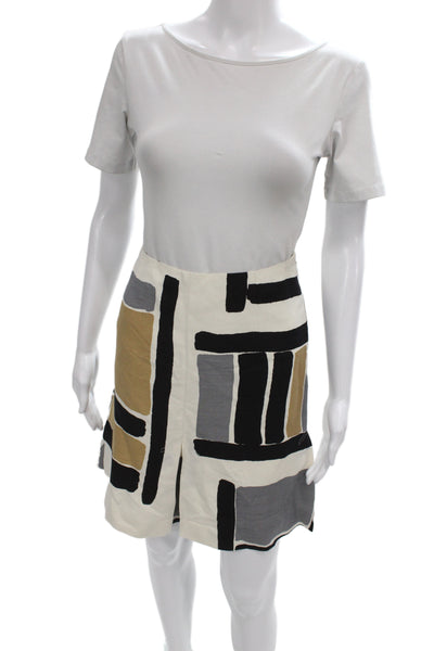Per Se Women Mini Skirt Beige Geometric 55% Silk Zip Size 0