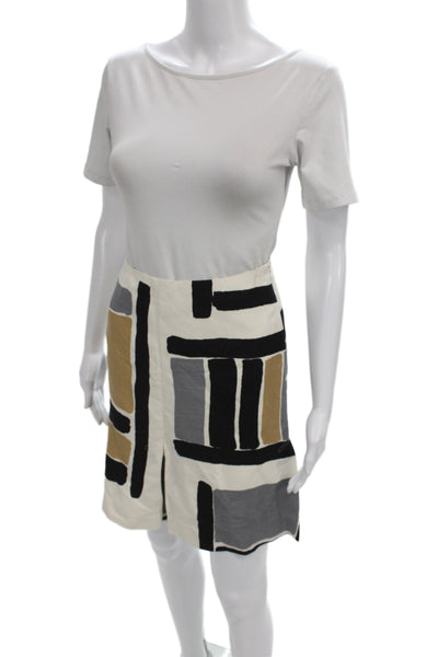 Per Se Women Mini Skirt Beige Geometric 55% Silk Zip Size 0