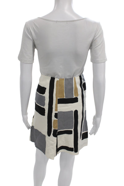 Per Se Women Mini Skirt Beige Geometric 55% Silk Zip Size 0