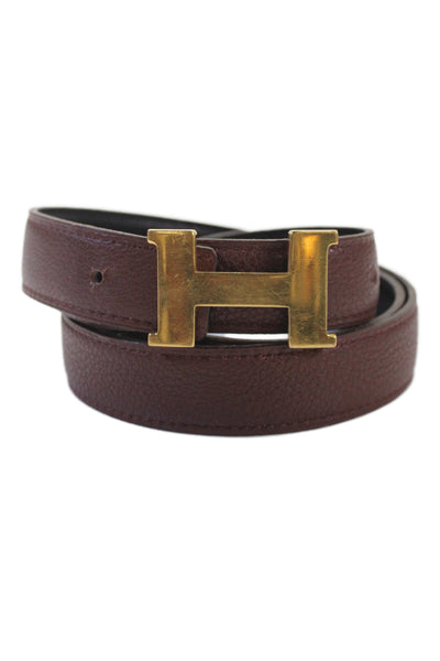 Hermes Womens Leather Gold Tone Logo Buckle Belt Brown Size Small