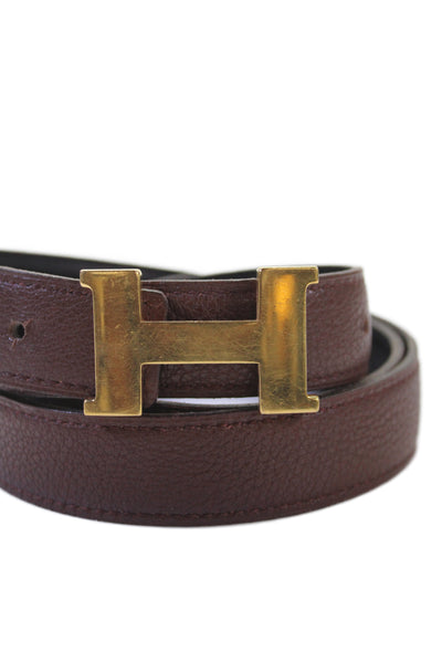 Hermes Womens Leather Gold Tone Logo Buckle Belt Brown Size Small