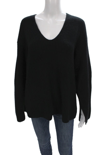 Toccin Women V-Neck Wool Pullover Sweater Black Long Sleeve Size M