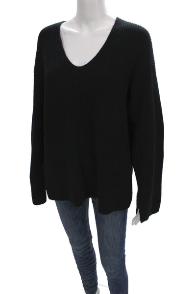 Toccin Women V-Neck Wool Pullover Sweater Black Long Sleeve Size M