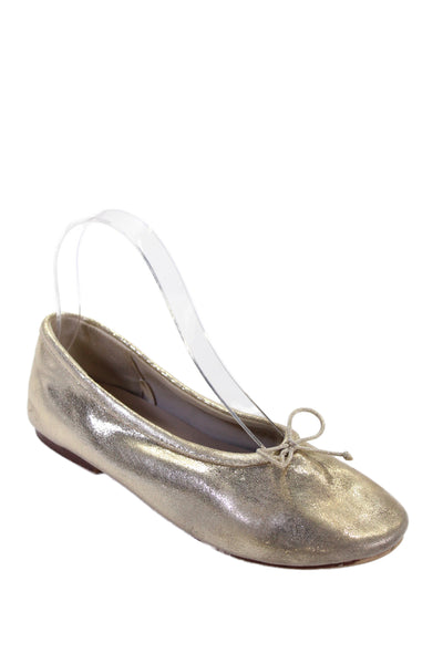 Zara Womens Slip On Metallic Faux Leather Bow Ballet Flats Gold Size 35