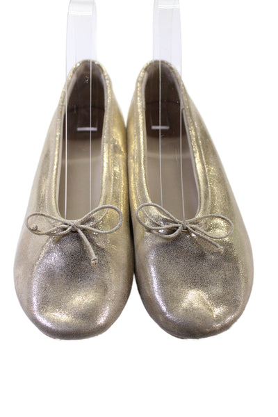 Zara Womens Slip On Metallic Faux Leather Bow Ballet Flats Gold Size 35