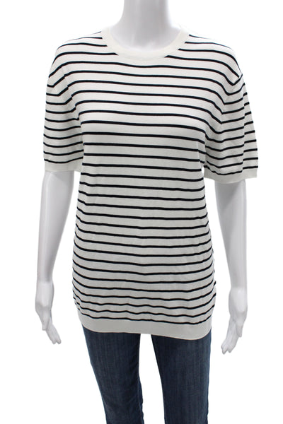Zara Women White Striped Crew Neck Short Sleeve Pullover Viscose Size L