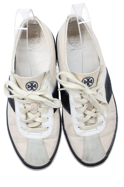 Tory Burch Womens Lace Up Suede Trim Canvas Low Top Sneakers White Size 7M