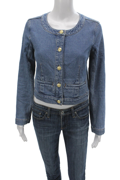 J Crew Women Basic Jacket Blue Cotton Button Long Sleeve Classic Size 0
