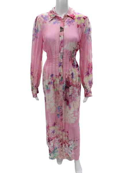 Hemant & Nandita Women Floral Collared Maxi Dress Long Sleeve Pink Size S
