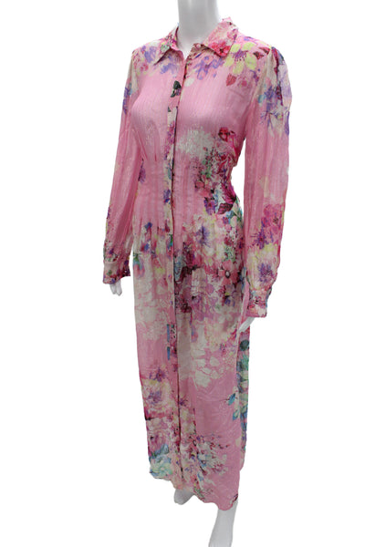 Hemant & Nandita Women Floral Collared Maxi Dress Long Sleeve Pink Size S