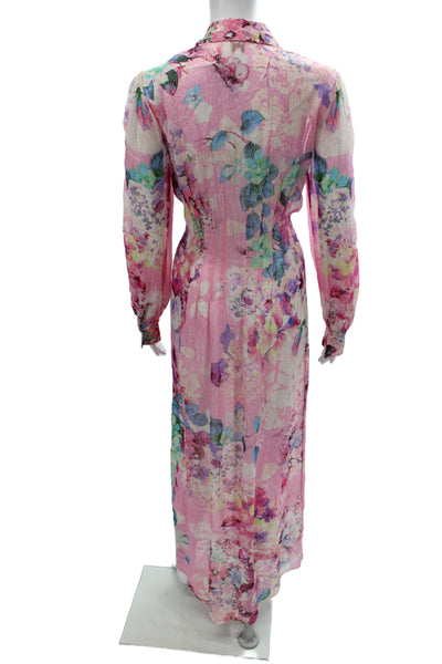 Hemant & Nandita Women Floral Collared Maxi Dress Long Sleeve Pink Size S