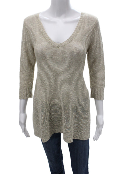 Eileen Fisher Women Pullover Sweater Beige V-Neck 3/4 Sleeve Linen Size XS