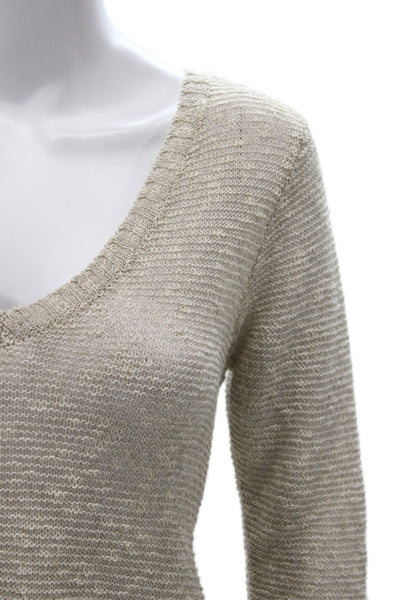Eileen Fisher Women Pullover Sweater Beige V-Neck 3/4 Sleeve Linen Size XS