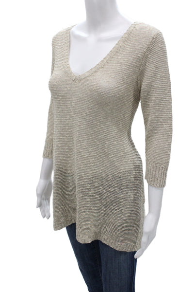 Eileen Fisher Women Pullover Sweater Beige V-Neck 3/4 Sleeve Linen Size XS