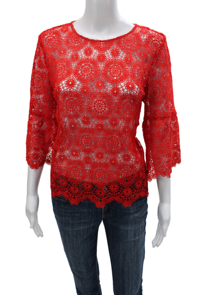 Zara Women Lace Boho Basic Blouse Red Round Neck 3/4 Sleeve Pullover Size L