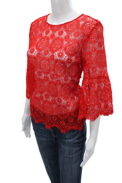 Zara Women Lace Boho Basic Blouse Red Round Neck 3/4 Sleeve Pullover Size L