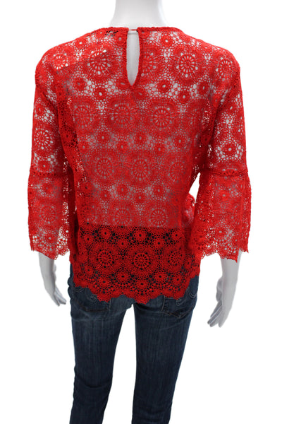 Zara Women Lace Boho Basic Blouse Red Round Neck 3/4 Sleeve Pullover Size L
