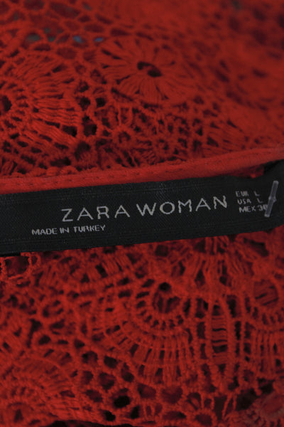 Zara Women Lace Boho Basic Blouse Red Round Neck 3/4 Sleeve Pullover Size L