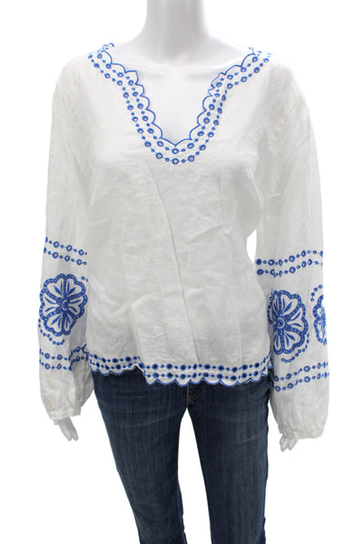J Crew Women Bohemian Floral Linen Tunic Blouse V-Neck Long Sleeve Blue Size L