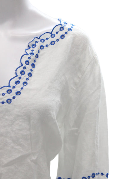 J Crew Women Bohemian Floral Linen Tunic Blouse V-Neck Long Sleeve Blue Size L