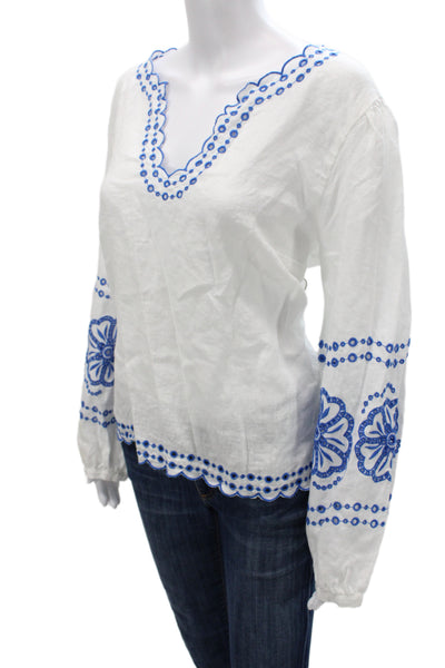 J Crew Women Bohemian Floral Linen Tunic Blouse V-Neck Long Sleeve Blue Size L