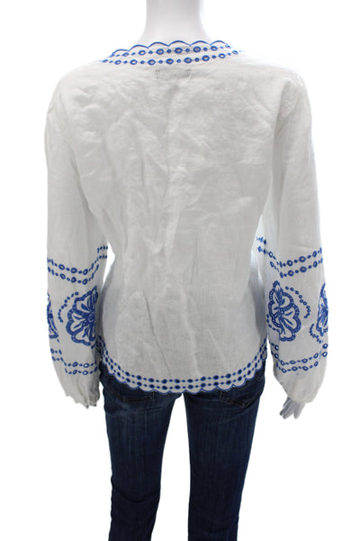 J Crew Women Bohemian Floral Linen Tunic Blouse V-Neck Long Sleeve Blue Size L