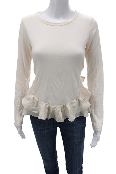Clu Women Jersey Long Sleeve T-Shirt Beige Round Neck 50% Cotton Size XS