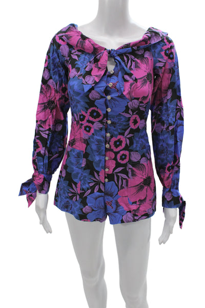 Alice McCall Womens Off Shoulder Floral Tunic Blue Long Sleeve Size 0