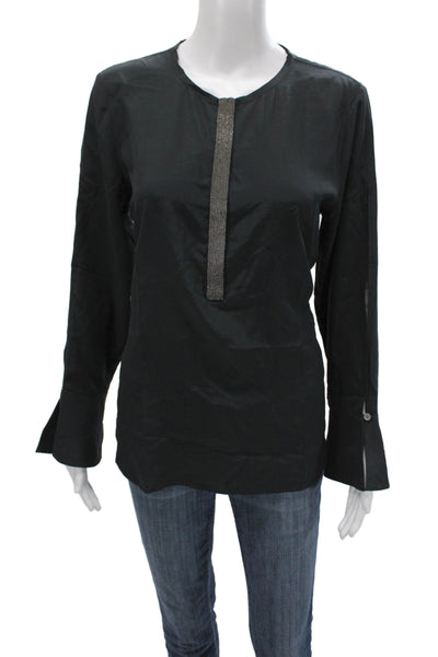 Go Silk Womens Tunic Blouse Black Long Sleeve Round Neck 100% Silk Size M