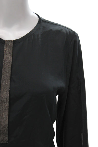 Go Silk Womens Tunic Blouse Black Long Sleeve Round Neck 100% Silk Size M