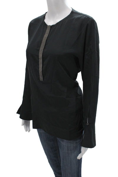 Go Silk Womens Tunic Blouse Black Long Sleeve Round Neck 100% Silk Size M
