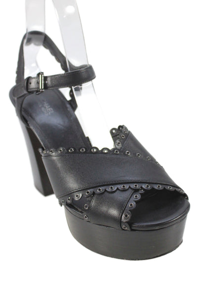 Michael Michael Kors Womens Leather Ankle Buckled Block Heels Black Size 6.5