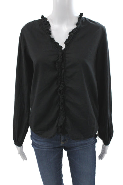 Stark Women V-Neck Black Cotton Boho Long Sleeve Blouse Button Size S