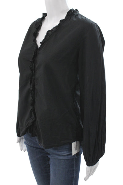 Stark Women V-Neck Black Cotton Boho Long Sleeve Blouse Button Size S