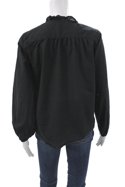 Stark Women V-Neck Black Cotton Boho Long Sleeve Blouse Button Size S