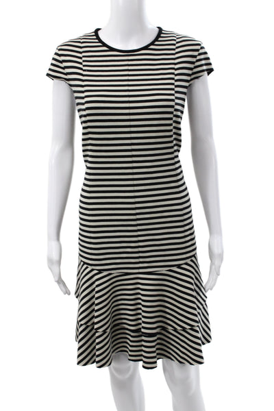 Akris Punto Women Shift Dress Black Striped Cotton Short Sleeve Zip Size 10