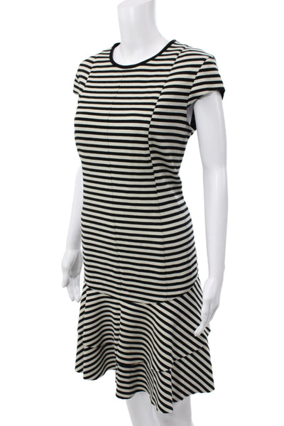 Akris Punto Women Shift Dress Black Striped Cotton Short Sleeve Zip Size 10