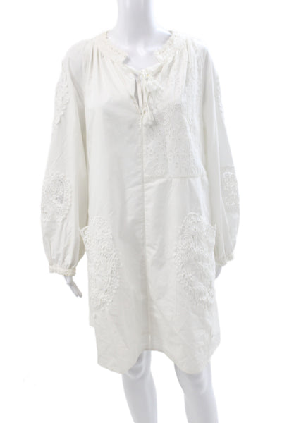 Johnny Was Women Shift Dress White Cotton V-Neck Longsleeve Patchwork Size XL