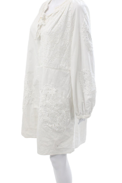 Johnny Was Women Shift Dress White Cotton V-Neck Longsleeve Patchwork Size XL
