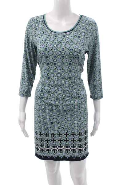 Max Studio Women Sheath Blue Geometric Scoop Neck 3/4 Sleeve Mini Dress Size M