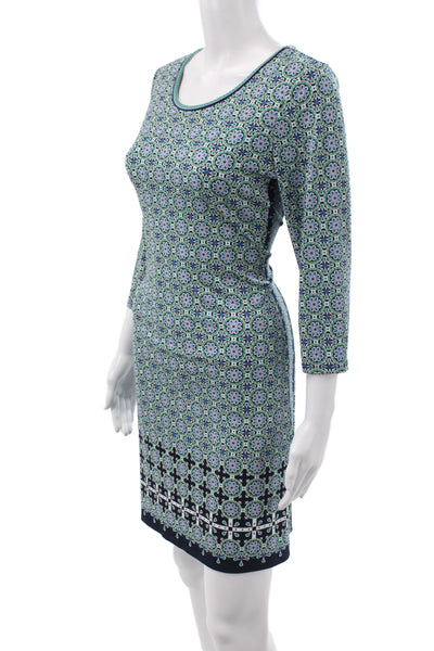Max Studio Women Sheath Blue Geometric Scoop Neck 3/4 Sleeve Mini Dress Size M