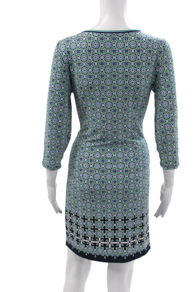 Max Studio Women Sheath Blue Geometric Scoop Neck 3/4 Sleeve Mini Dress Size M