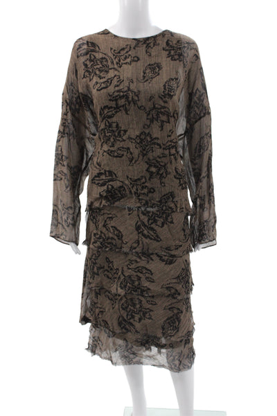 Zara Women Shift Dress Brown Floral Long Sleeve Round Neck Viscose Size L