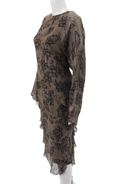 Zara Women Shift Dress Brown Floral Long Sleeve Round Neck Viscose Size L