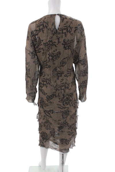 Zara Women Shift Dress Brown Floral Long Sleeve Round Neck Viscose Size L